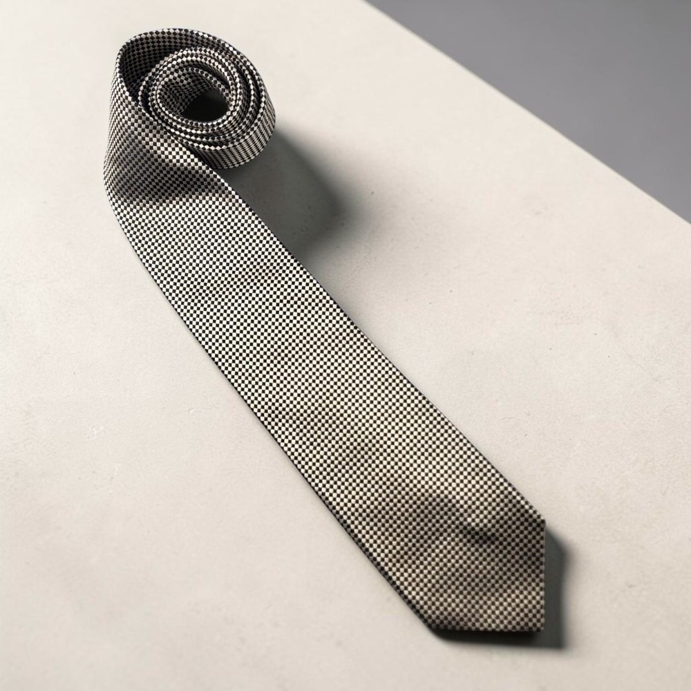 Roberto Villini Collezione Black Cream Micro Check Silk Tie‎ Hand Made Mens